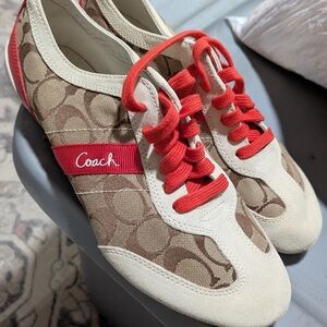 Coach Tan and Red Lace-Up Sneakers
